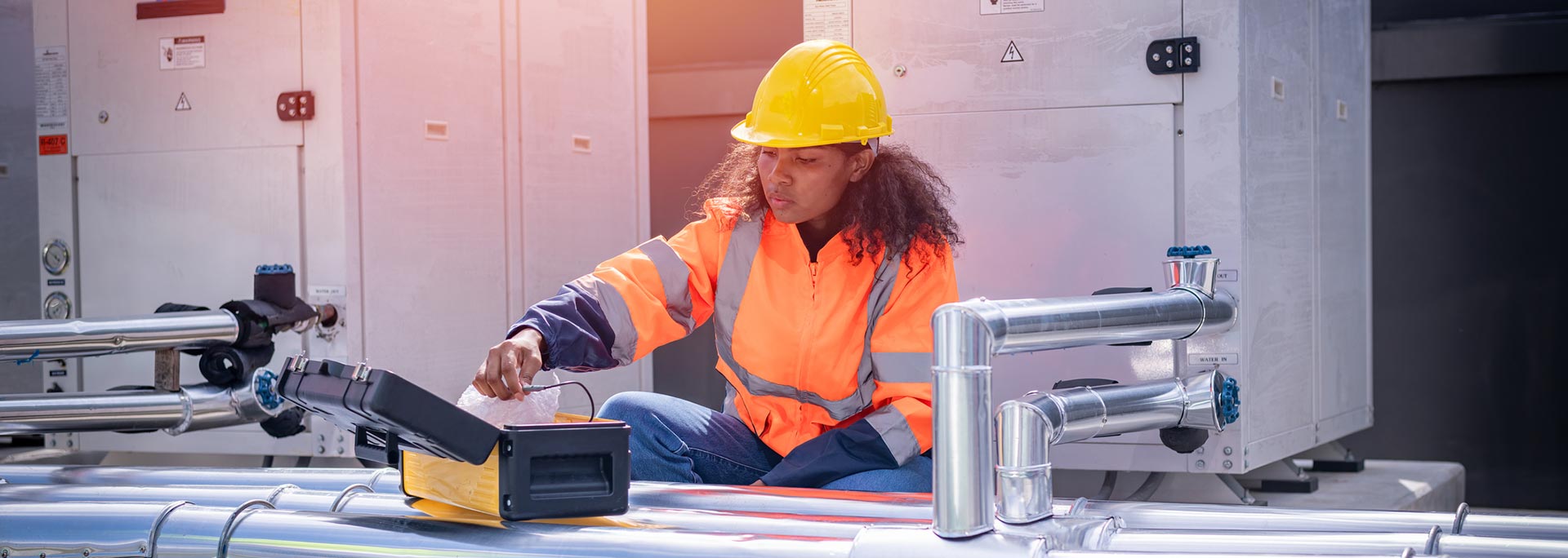 Native American woman wearing hard hat working outside on an industrial AC system.