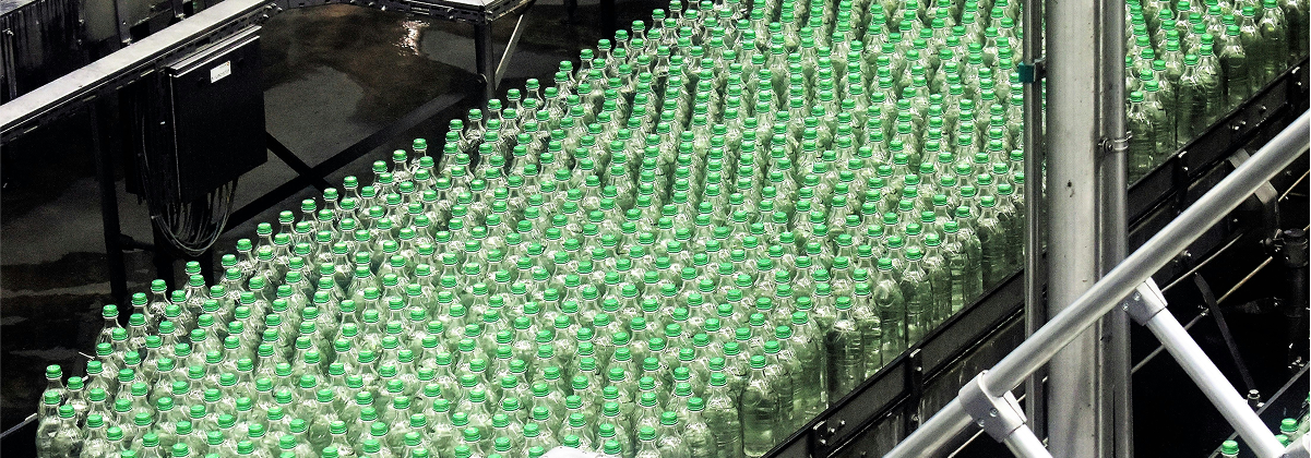 Bottled beverages in a food processing facility. 